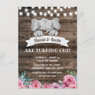 Invitation Jumeaux Anniversaire Cute Elephant Floral Vintage