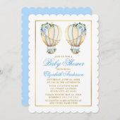 Invitation Jumeaux Aquarelle Bleu Floral Baby shower Ballons (Devant / Derrière)