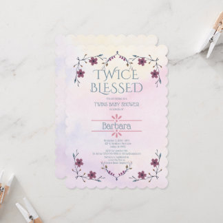 Invitation Jumeaux attendus : Boho floral & lavande aquarelle