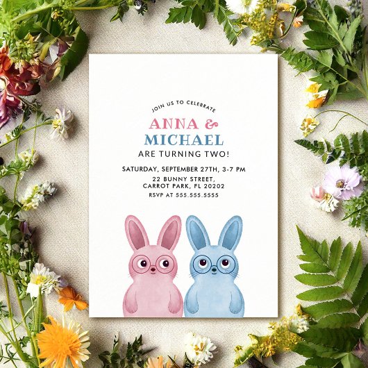 Invitation Jumeaux avec lapins bleus et roses