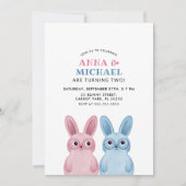 Invitation Jumeaux avec lapins bleus et roses (Devant)