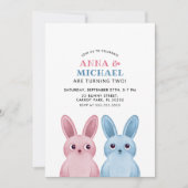 Invitation Jumeaux avec lapins bleus et roses (Devant)