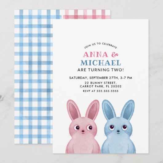 Invitation Jumeaux avec lapins bleus et roses (Devant / Derrière)