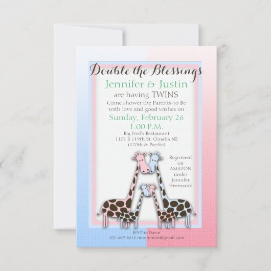 Invitation Jumeaux Baby shower Bébé Girafes Bleu et Rose (Jen (Devant)