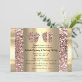 Invitation Jumeaux Baby shower Pieds Rose Parties scintillant (Debout devant)