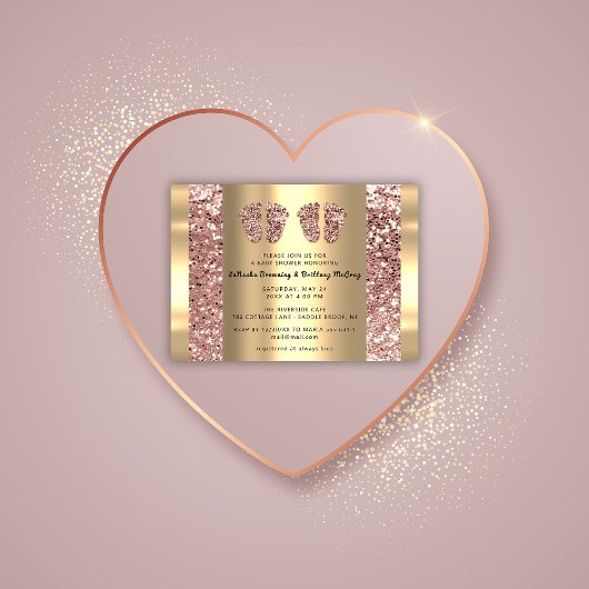 Invitation Jumeaux Baby shower Pieds Rose Parties scintillant