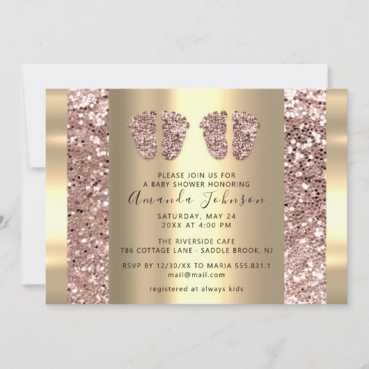 Invitation Jumeaux Baby shower Pieds Rose Parties scintillant (Devant)