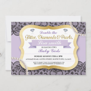 Invitation Jumeaux Baby shower pourpre dentelle Twin Girls In