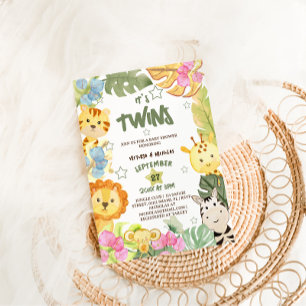 Invitation Jumeaux Baby Shower Safari Boho Animaux