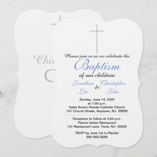 Invitation Jumeaux Baptême Bleu (Devant / Derrière)