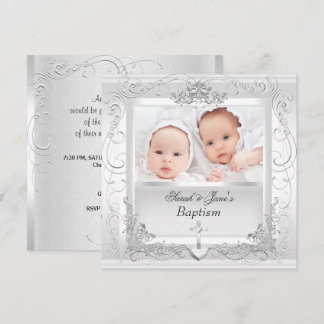Invitation Jumeaux Bébé Fille Garçon Baptême Baptême Blanc