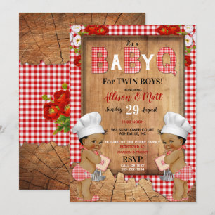 Invitation Jumeaux bébés garçons carreaux rouges en bois bébé