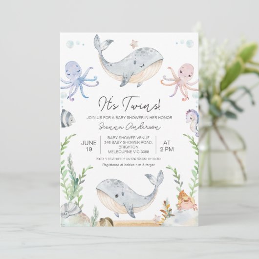 Invitation Jumeaux Bleus Rose Sous Baby shower De Mer (Debout devant)