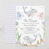 Invitation Jumeaux Bleus Rose Sous Baby shower De Mer (Devant / Derrière)