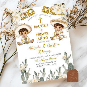 Invitation Jumeaux Charro Or Blanc Baptême et Premier Anniver