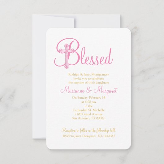 Invitation jumeaux CHRISTENING ou croix d'or rose BAPTISM (Devant)