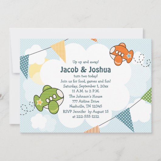 Invitation Jumeaux d'invitations d'anniversaire d'avion (Devant)