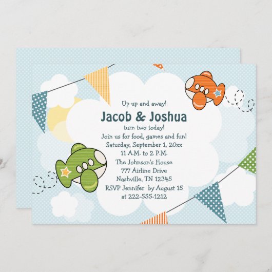 Invitation Jumeaux d'invitations d'anniversaire d'avion (Devant / Derrière)