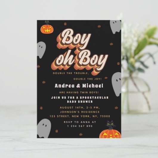 Invitation Jumeaux Éffrayants rétros Baby shower Halloween Gh (Debout devant)