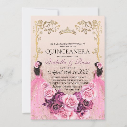 Invitation Jumeaux en or rose pâle Quinceañera (Devant)