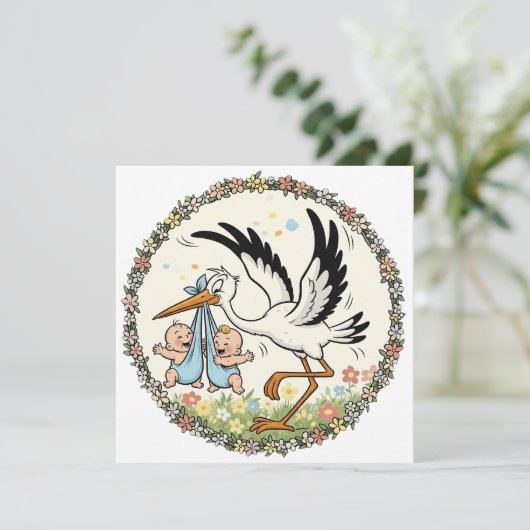 Invitation Jumeaux et cigogne design vintage (Debout devant)