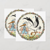 Invitation Jumeaux et conception de cigogne vintage (Devant / Derrière)