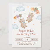 Invitation Jumeaux Fille Garçon - Anniversaire Fête Ours en P (Devant)