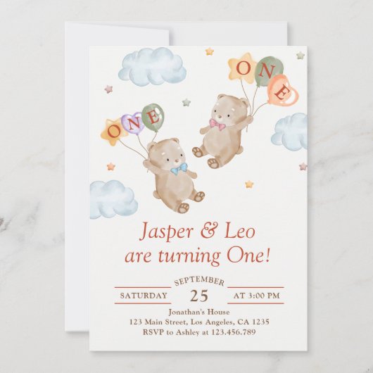 Invitation Jumeaux Fille Garçon - Anniversaire Fête Ours en P (Devant)