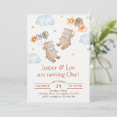 Invitation Jumeaux Fille Garçon - Anniversaire Fête Ours en P (Debout devant)