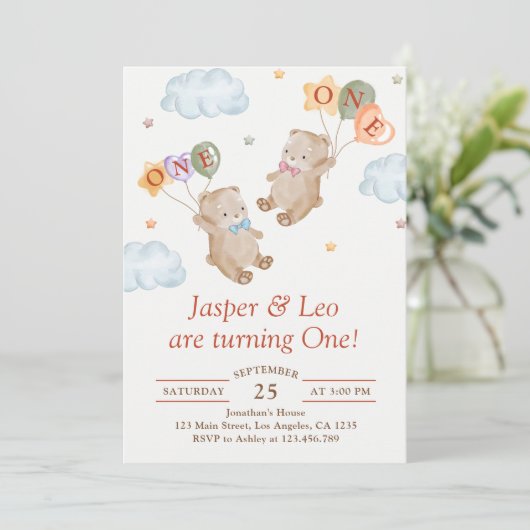 Invitation Jumeaux Fille Garçon - Anniversaire Fête Ours en P (Debout devant)