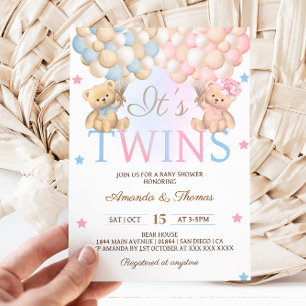 Invitation Jumeaux Fille Garçon Ours avec Ballons Baby Shower