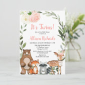 Invitation Jumeaux filles boisés animaux baby shower de verdu (Debout devant)