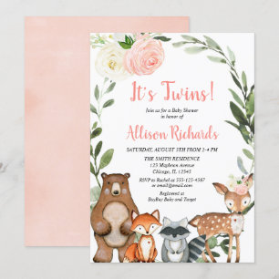 Invitation Jumeaux filles boisés animaux baby shower de verdu