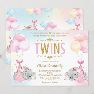 Invitation Jumeaux Filles Eléphant Baby shower Sprinkel