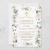 Invitation Jumeaux floraux 1er anniversaire & Christening (Devant)