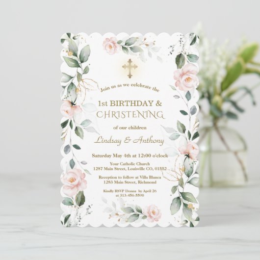 Invitation Jumeaux floraux 1er anniversaire & Christening (Debout devant)