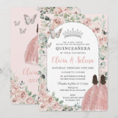 Invitation Jumeaux floraux bleus Princesses Silver Quinceañer (Devant / Derrière)