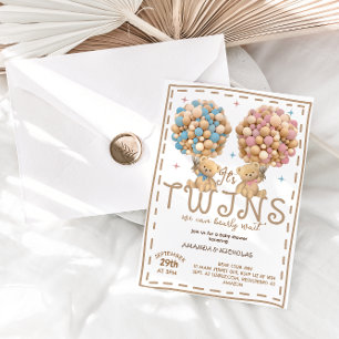 Invitation Jumeaux Garçon Fille Ours Rose Bleu Ballon Fête de