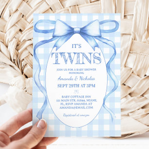 Invitation Jumeaux Garçons Bleu Nœud Vintage Mignon