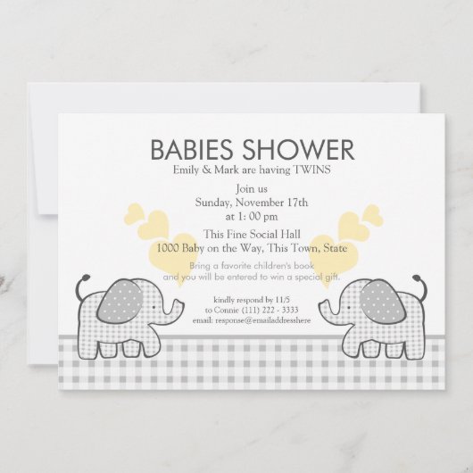 Invitation Jumeaux gris En vichy Baby shower (Devant)