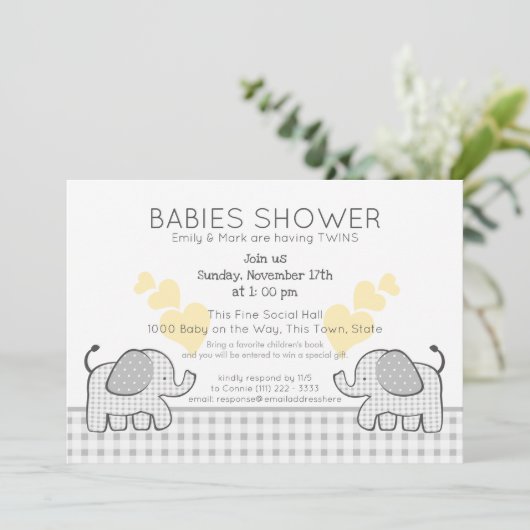 Invitation Jumeaux gris En vichy Baby shower (Debout devant)