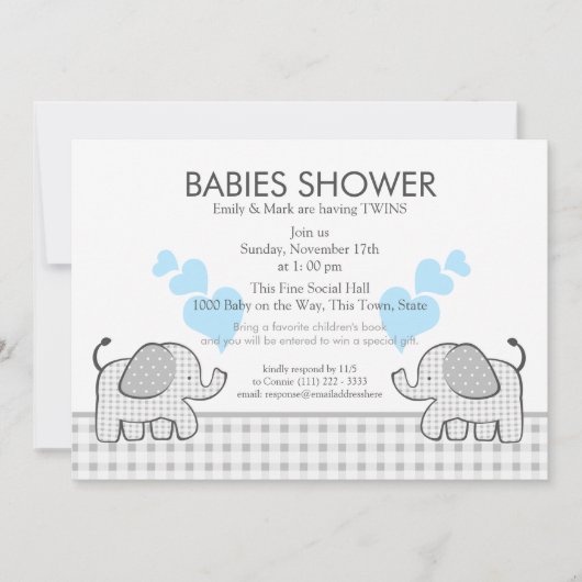 Invitation Jumeaux gris En vichy Baby shower bleu (Devant)