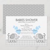 Invitation Jumeaux gris En vichy Baby shower bleu (Devant / Derrière)