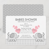 Invitation Jumeaux gris rose En vichy Baby shower (Devant / Derrière)