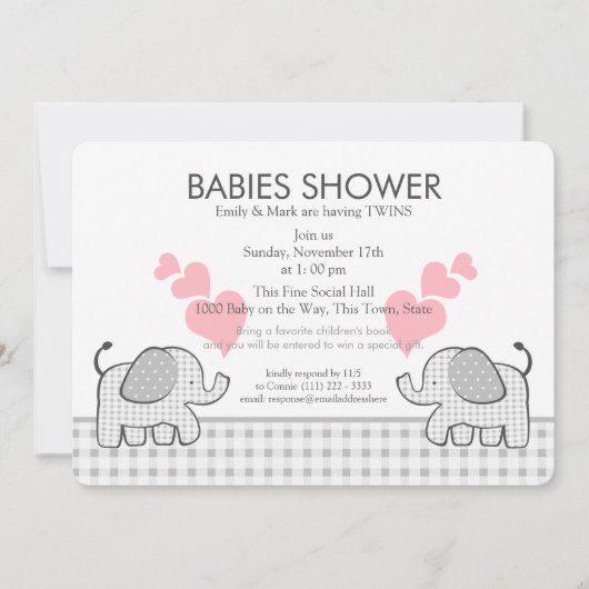 Invitation Jumeaux gris rose En vichy Baby shower (Devant)