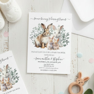 Invitation Jumeaux Lapin Aquarelle Couple Baby shower