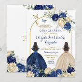 Invitation Jumeaux Marine Blue Ivory Princesses Quinceañera (Devant / Derrière)
