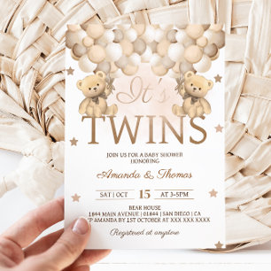 Invitation Jumeaux Ours Avec Baby shower Ballons Neutres