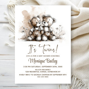 Invitation Jumeaux Ours en Peluche Rustique Baby Shower