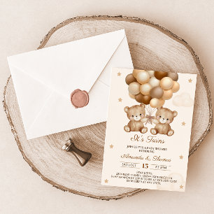 Invitation Jumeaux Ourson Neutre Ballon Baby Shower